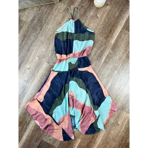 Vix Paula Hermanny Multicolor High Neck Swing Dress Flowy Midi - Picture 2 of 9